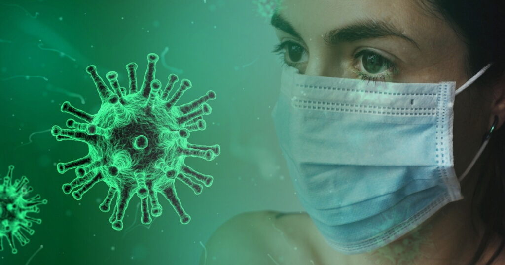 COVID-19 virus with a woman wearing a face mask